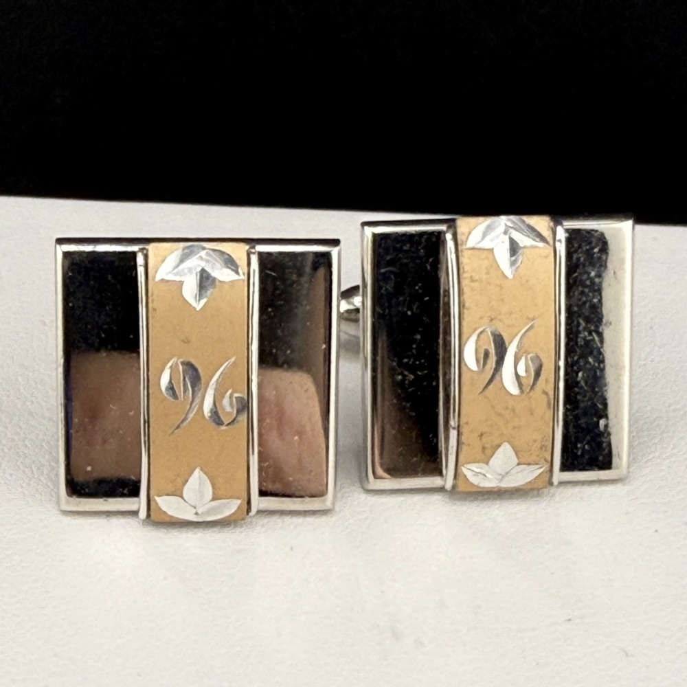Vintage Swank Cufflinks Silver Tone Engraved Retro Mid Century‎